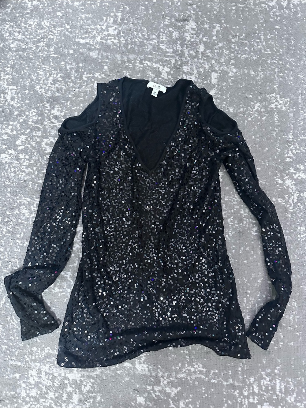 Cache Black Sequin Cold-Shoulder V-Neck Blouse